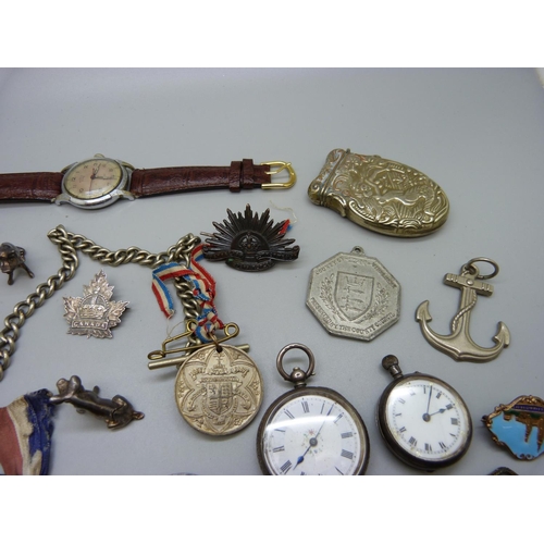 904 - Two silver fob watches, a wristwatch, a vesta case, coins, etc.