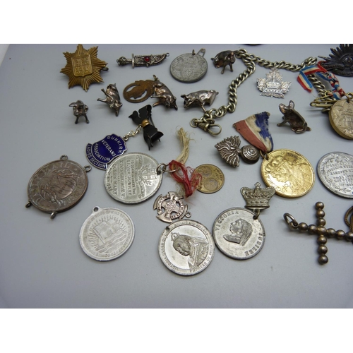 904 - Two silver fob watches, a wristwatch, a vesta case, coins, etc.