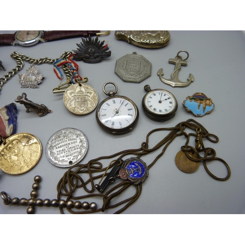 904 - Two silver fob watches, a wristwatch, a vesta case, coins, etc.