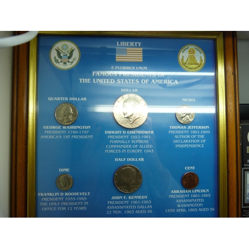 919 - A collection of GB coin sets, framed American coins, Famous Presidents of the USA, a framed Elvis st... 