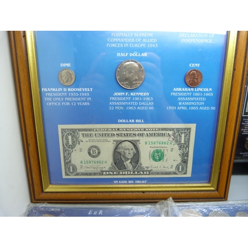 919 - A collection of GB coin sets, framed American coins, Famous Presidents of the USA, a framed Elvis st... 