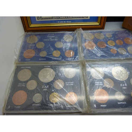 919 - A collection of GB coin sets, framed American coins, Famous Presidents of the USA, a framed Elvis st... 