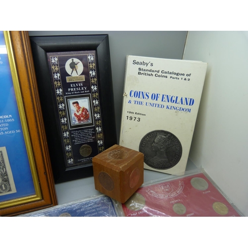 919 - A collection of GB coin sets, framed American coins, Famous Presidents of the USA, a framed Elvis st... 