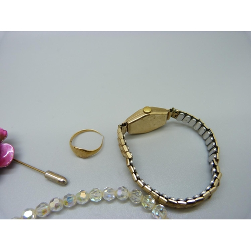 925 - A lady's 9ct gold cased wristwatch, a plated bracelet, costume jewellery and a pair of small silver ... 