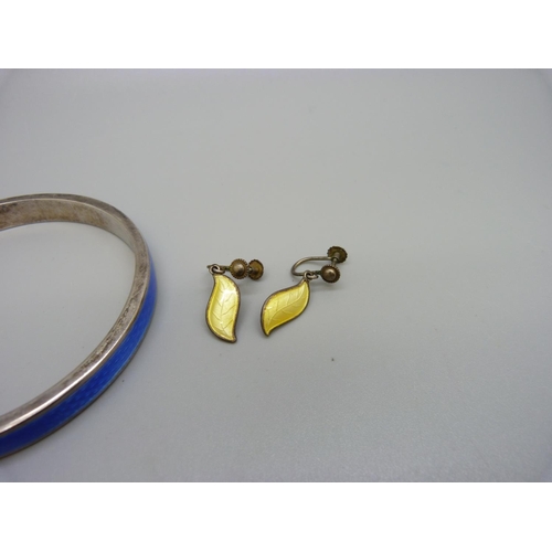 959 - A silver and enamel bangle and a pair of Norwegian silver and enamelled earrings, chip on the bangle