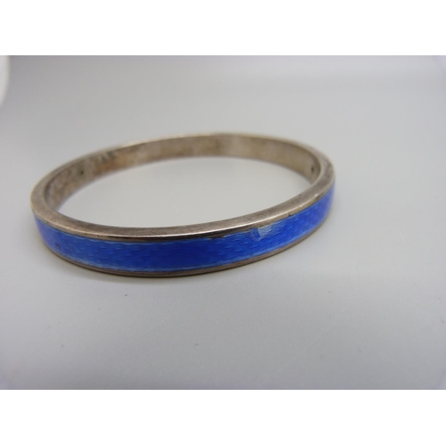 959 - A silver and enamel bangle and a pair of Norwegian silver and enamelled earrings, chip on the bangle