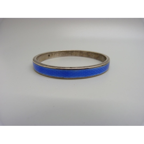 959 - A silver and enamel bangle and a pair of Norwegian silver and enamelled earrings, chip on the bangle