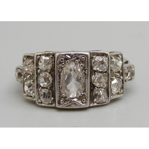 967 - A 1920's Art Deco thirteen stone diamond ring, 2.8g, L, 0.50ct centre stone, total diamond weight ap... 