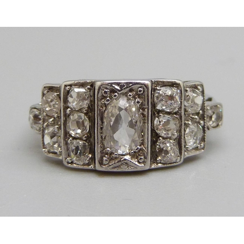 967 - A 1920's Art Deco thirteen stone diamond ring, 2.8g, L, 0.50ct centre stone, total diamond weight ap... 