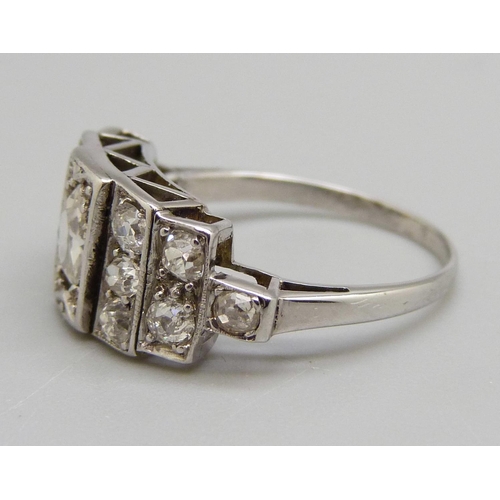 967 - A 1920's Art Deco thirteen stone diamond ring, 2.8g, L, 0.50ct centre stone, total diamond weight ap... 