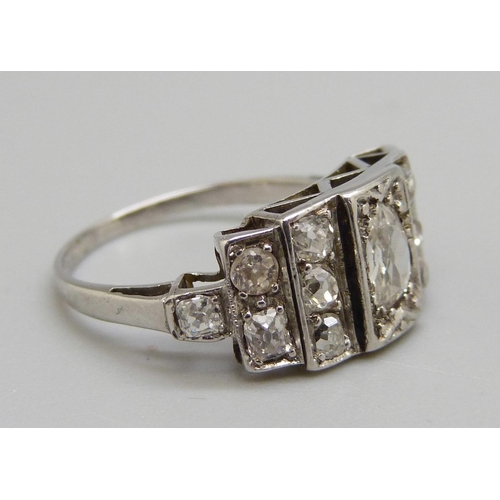 967 - A 1920's Art Deco thirteen stone diamond ring, 2.8g, L, 0.50ct centre stone, total diamond weight ap... 