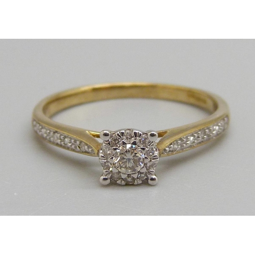 972 - A 9ct gold, diamond cluster ring with diamond shoulders, 1.6g, M