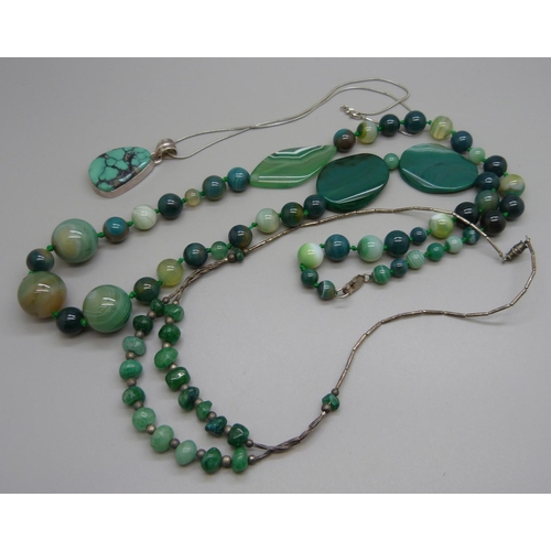 987 - A turquoise pendant, green agate necklace and one other