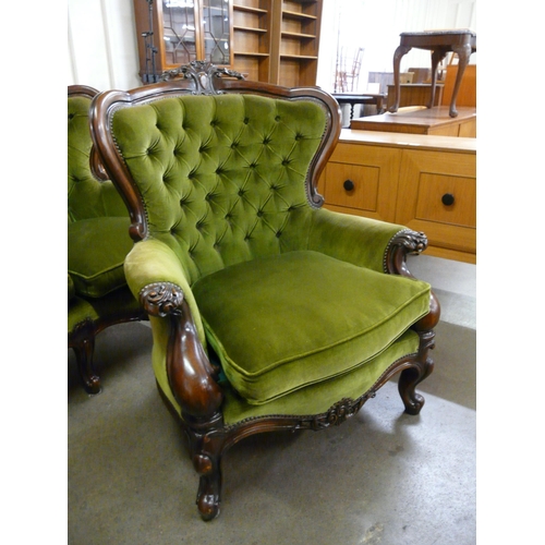 2 - A Victorian style mahogany and green fabric upholstered three piece suite