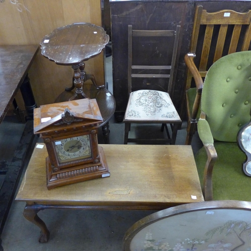 235 - An oak elbow chair, a nest of tables, a dwarf longcase clock, aneroid barometer, metal standard lamp... 