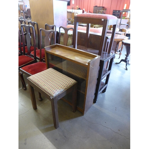 241 - An oak chest of drawers, a bookcase, two stools, trolley etc.