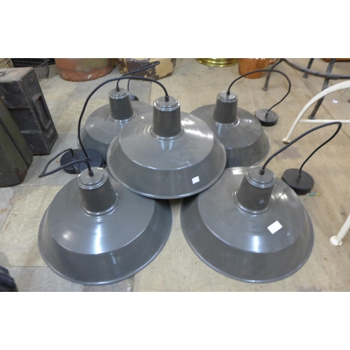 275 - A set of five industrial style enamelled hanging lights