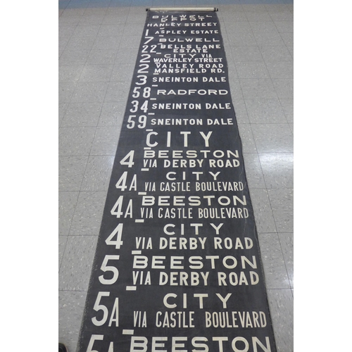 299 - A Nottingham bus or tram canvas destination roller sign. Destinations include Parliament Street, Uni... 