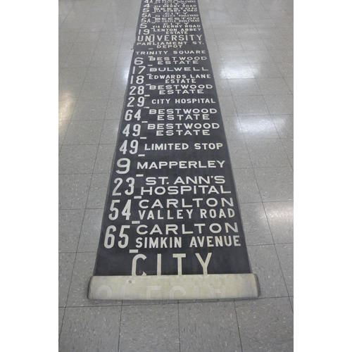 299 - A Nottingham bus or tram canvas destination roller sign. Destinations include Parliament Street, Uni... 