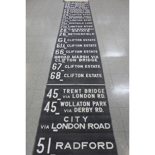 299 - A Nottingham bus or tram canvas destination roller sign. Destinations include Parliament Street, Uni... 