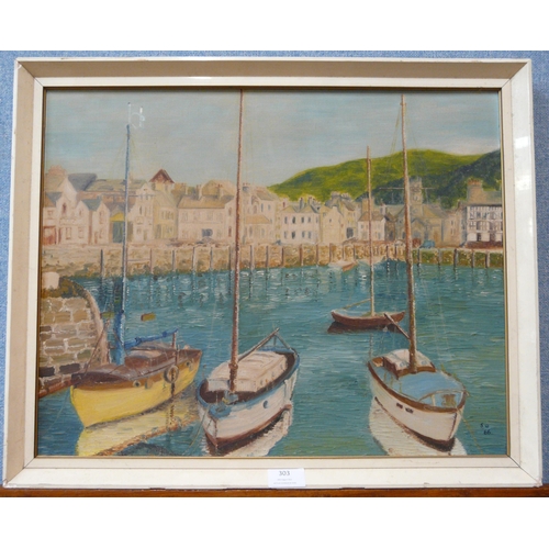 303 - S.G., boats in a harbour, oil on board, framed and a small watercolour, rural landscape, framed