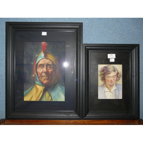 307 - English School, two portraits, watercolours, framed