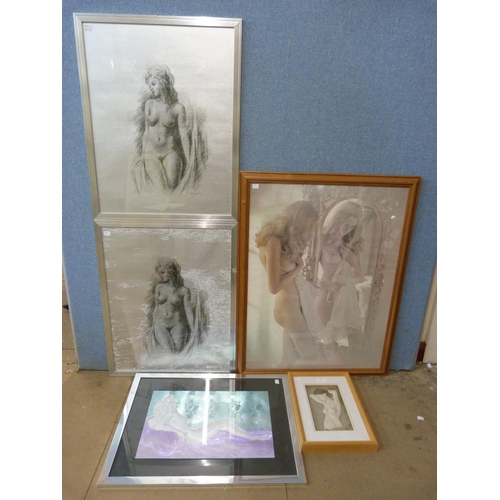 327 - Five female nude prints, framed