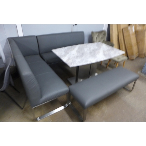 1477 - A Saturn fixed top marble effect and chrome dining table with a grey leather effect bench set