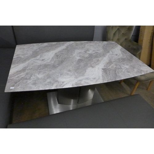 1477 - A Saturn fixed top marble effect and chrome dining table with a grey leather effect bench set