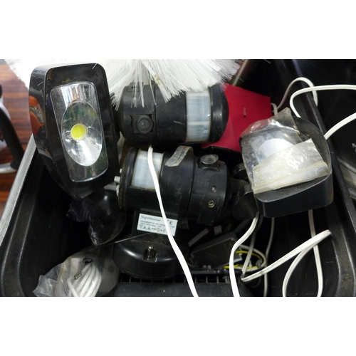 2163 - Job lot: exterior lighting with two CCTV units and two post lights plus cables, Pir lights and optic... 