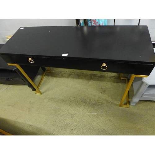 1706 - A black two drawer console table with gold legs