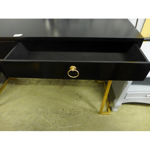 1706 - A black two drawer console table with gold legs