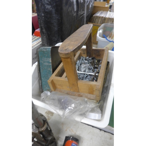 2012 - Two boxes of assorted handtools and hardware sold with two Joiner's toolboxes with handtools