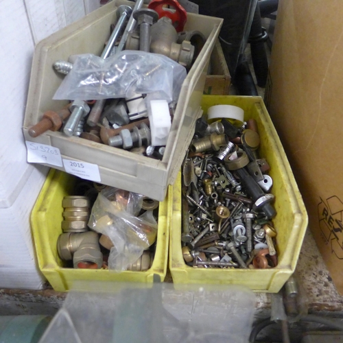 2015 - Three Lin Bins of copper and brass pipe fittings and gas piping, includes some 1 metre jointed coppe... 