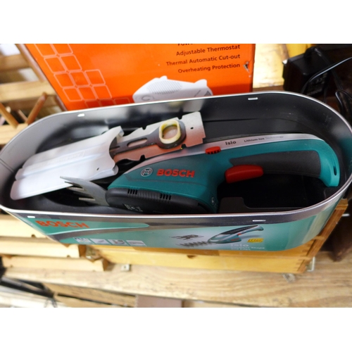 2084 - Workshop organiser with centre work shop heater and cordless Bosch 1510 hand garden detail trimmer