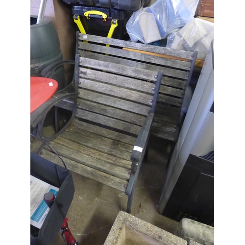 2313 - Two Seater wrought iron and wooden garden bench with matching chair (possibly teak)