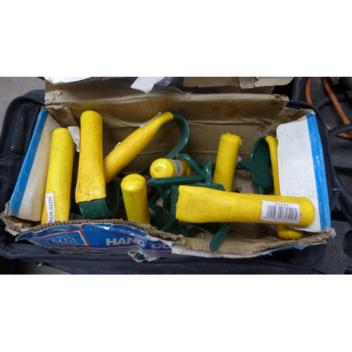 2328 - Two fabric MacAllister tool bags and assorted joinery tools: Bosch drill, G-Clamp, Pneumatic pin gun... 