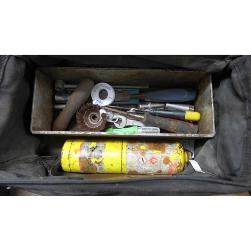 2328 - Two fabric MacAllister tool bags and assorted joinery tools: Bosch drill, G-Clamp, Pneumatic pin gun... 