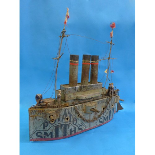 674 - An early 20th century hand-built model dreadnought battleship (length 38cm) made from 1920s Smiths P... 