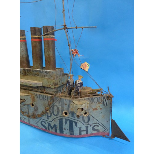 674 - An early 20th century hand-built model dreadnought battleship (length 38cm) made from 1920s Smiths P... 