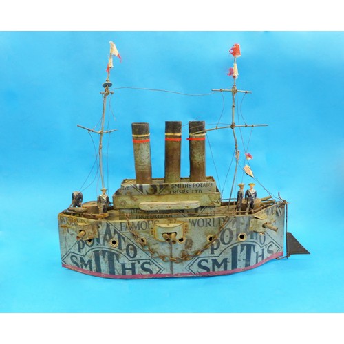 674 - An early 20th century hand-built model dreadnought battleship (length 38cm) made from 1920s Smiths P... 