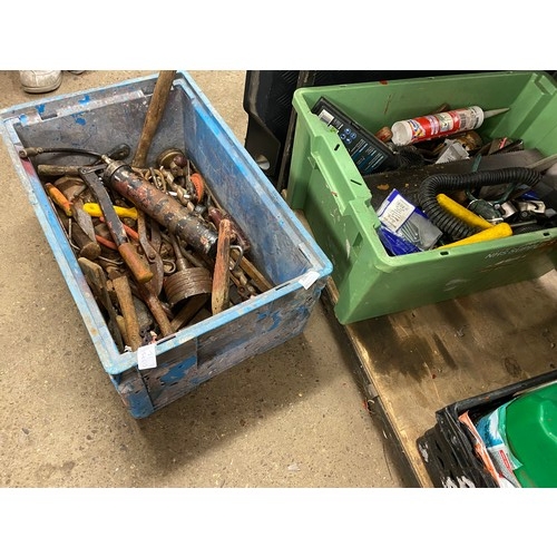 2080 - Two Plastic tubs of assorted hand tools: drill bits, cores, saws, etc.