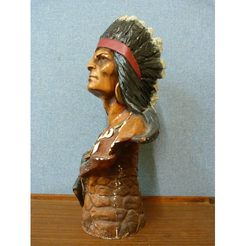 762 - A cigar store Native American advertising chalkware bust, '305 cigars', 54cm