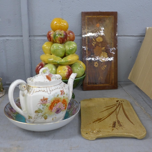 1003 - A ceramic fruit centrepiece, a teapot, a Bavarian bowl, a studio pottery cheeseboard with mouse and ... 