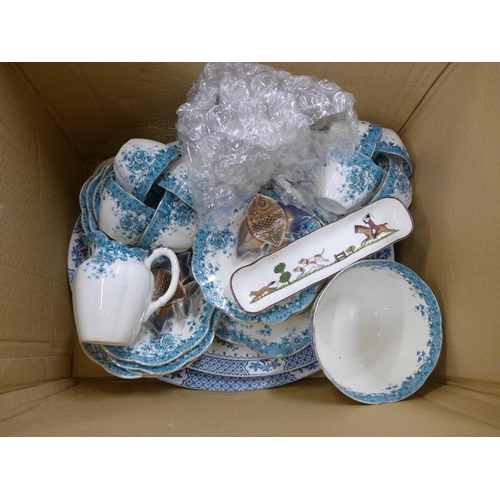 1010 - Three boxes of assorted china, etc. Derby Posies lidded jar, tea ware, a fruit set and a Denby table... 