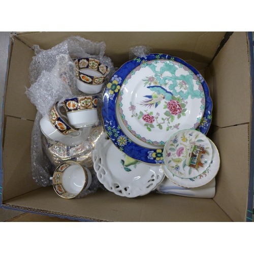 1010 - Three boxes of assorted china, etc. Derby Posies lidded jar, tea ware, a fruit set and a Denby table... 