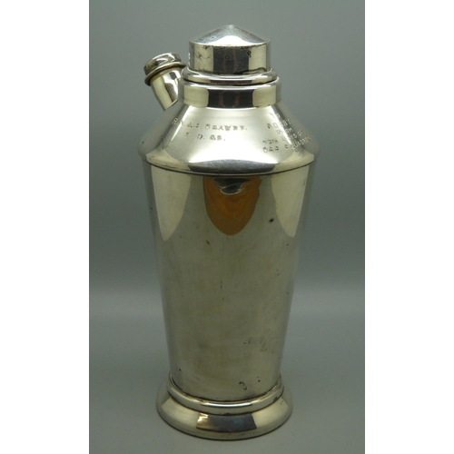 603 - A silver plated cocktail shaker, with inscriptions dated 1950's, R.N.A.S. Brawdy and H.M.S. Eagle, 