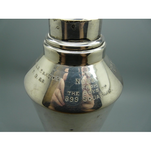 603 - A silver plated cocktail shaker, with inscriptions dated 1950's, R.N.A.S. Brawdy and H.M.S. Eagle, 