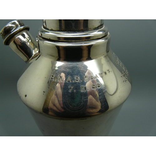 603 - A silver plated cocktail shaker, with inscriptions dated 1950's, R.N.A.S. Brawdy and H.M.S. Eagle, 