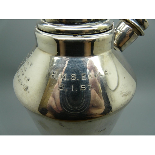 603 - A silver plated cocktail shaker, with inscriptions dated 1950's, R.N.A.S. Brawdy and H.M.S. Eagle, 